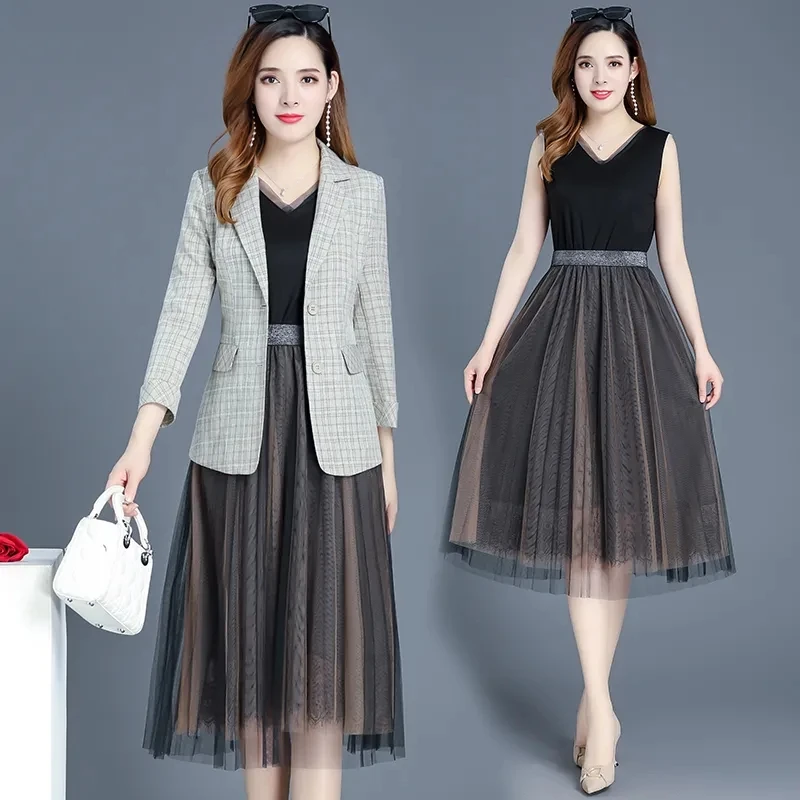 Женский винтажный костюм из 2 предметов Элегантный Тонкий Блейзер и Сетчатое