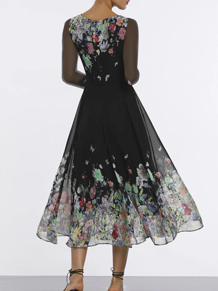 

Explosion Europe Autumn and Winter Dress Sexy Hollow Self-Expansion Skirt Long-Sleeved Printed Medium-Length Dress