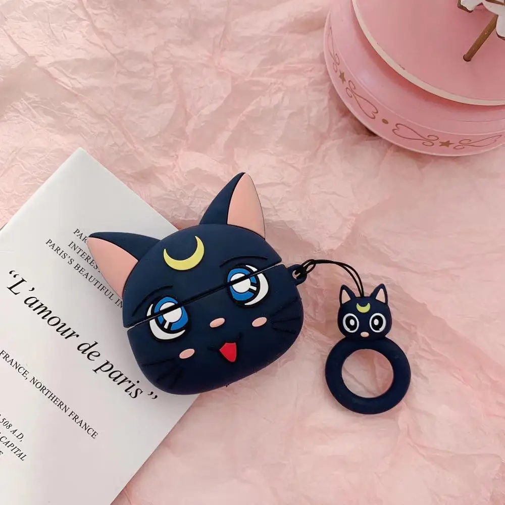 black luna cat 3D чехол с принтом "Сейлор Мун" для Airpods pro милые аксессуары Bluetooth наушники защитная крышка для airpod pro 3 мультяшное Силиконовое кольцо - Color: black luna cat