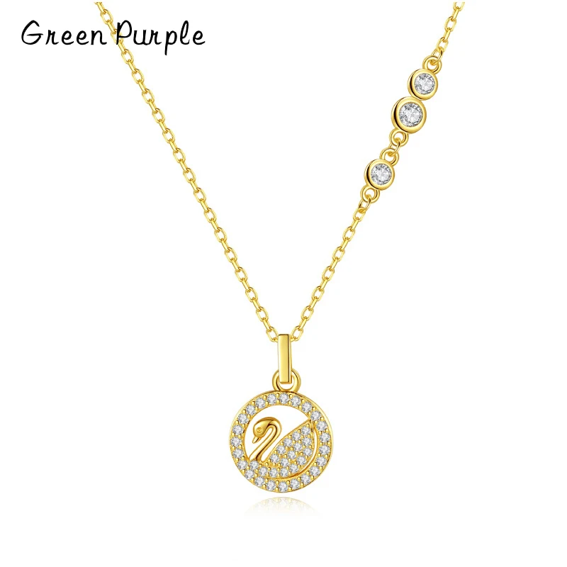 

Green Purple Swan Pendant Necklace 100% 925 Sterling silver Round Shape Animal Necklace for Girl Party Statement Jewelry CN-841
