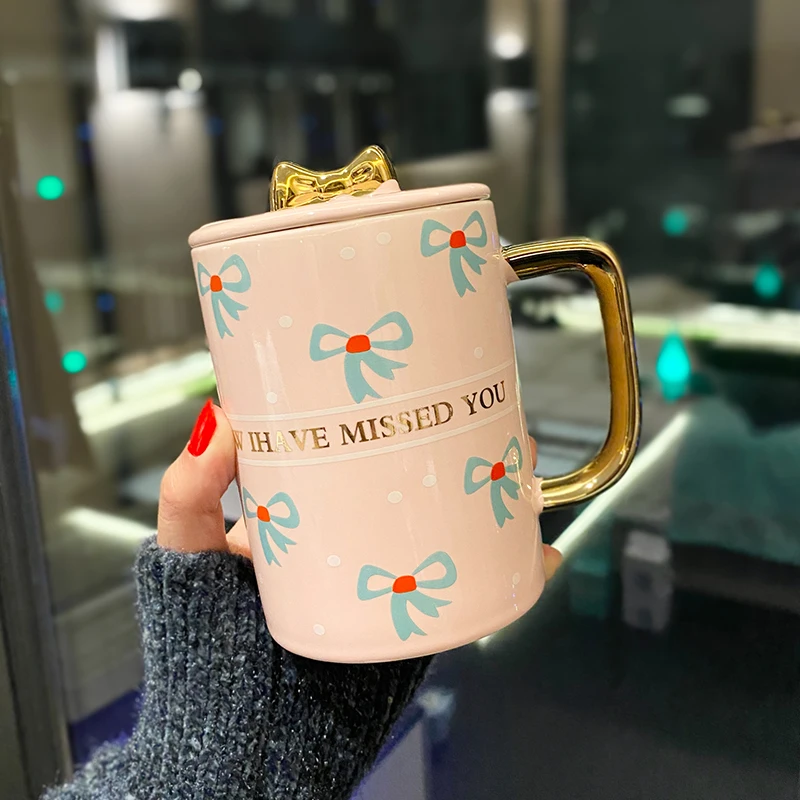 

Ceramic Cup Creative Bowknot Personality Trend Girl Heart Large Capacity Office Water Cup Mug With Lid Spoon