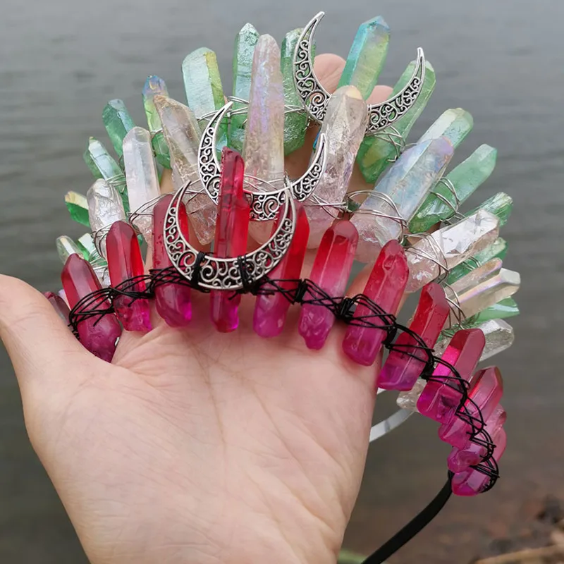 

Witch Hair accessories jewelry moon wicca wizard Raw Quartz Crystal Moon Crown headband Bridal Wedding Party Cosplay Hairdress