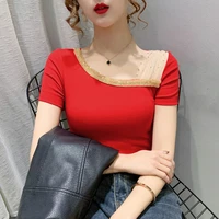 hot drill white short sleeve t shirt womens summer wear 2021 new tight mesh lace clavicle slant shoulder off shoulder top