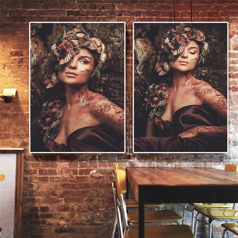 

Nymph Woman In The Flowers Forest Canvas Painting Nordic Tattoo Girl Portrait Posters Scandinavian Wall Art Picture Home Decor