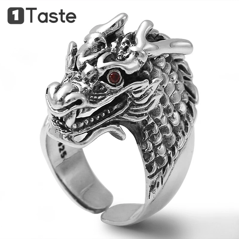 

ONE TASTE 925 Sterling Thai Silver Men's Ring Carved Dragon Head Open Rings Fine Jewelry Hiphop Vintage Trendy Punk Rock Gift