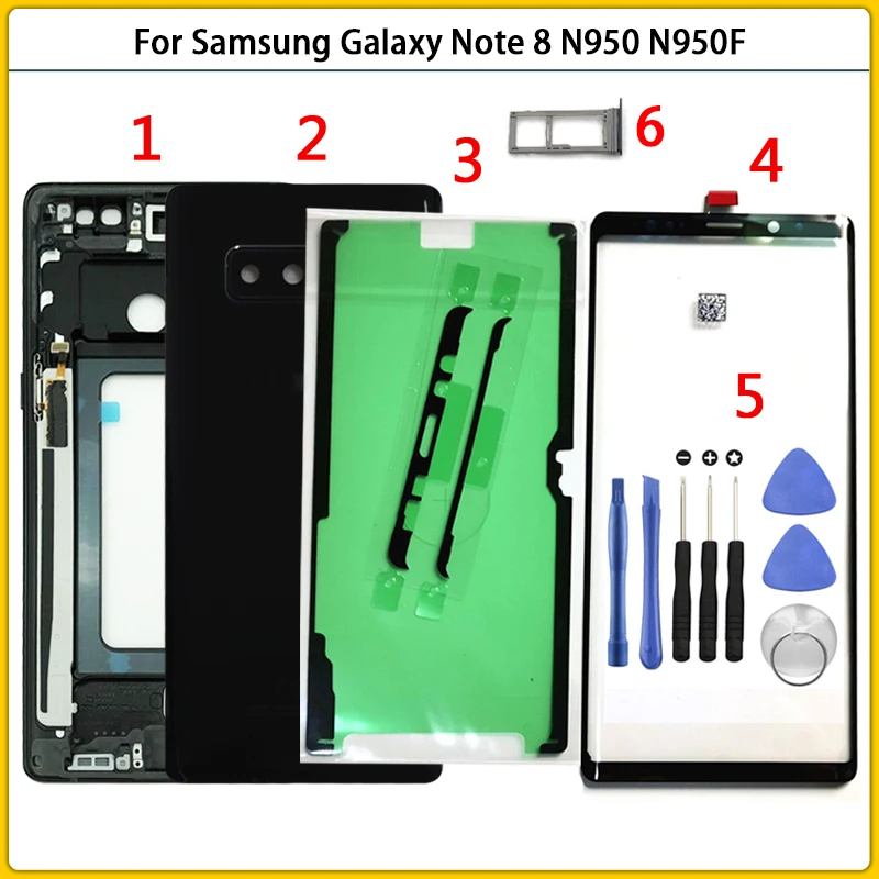 

For Samsung Galaxy Note 8 N950 N950F Housing Case Middle Frame + Battery Back Cover Glass + Front Glass Panel+ Adhesive