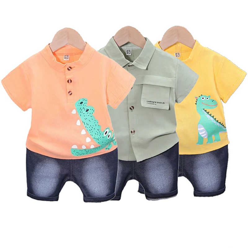 

Casual Kids Clothes 2 Piece Set Clothing Cool Dinosaur Boy T-shirt + Denim Shorts Clothing Boys Tracksuit Children Baby Clothes
