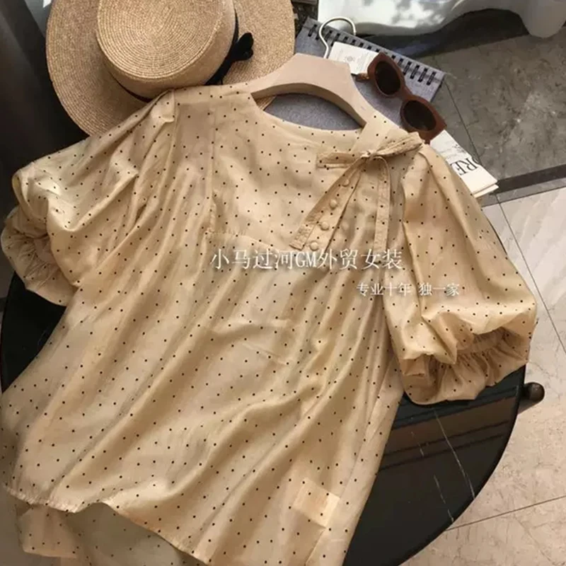 

Bohemian Style Dot Printed Women Shirt 2021 Summer New Vintage Round Neck Puff Sleeve Shirts Loose Straight Elegant Lady Blouse