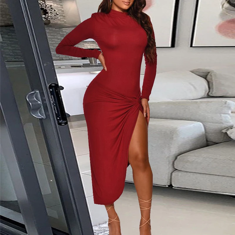 

Spring New Vintage Irregular Slit Dresses XL Autumn Sexy Slim Fit Long Sleeve Party Dress Women Elegant Turtleneck Bodycon Dress