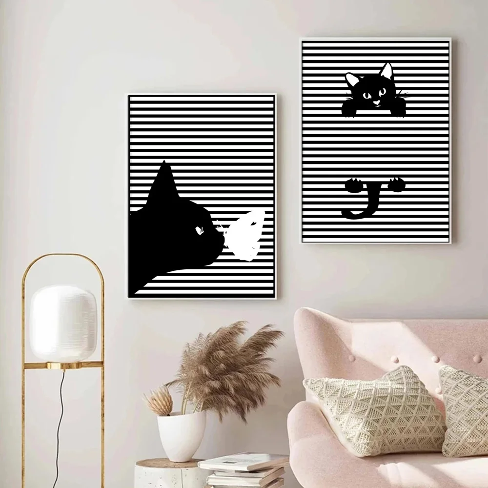 

Black White Line Cat Canvas Painting Nordic Abstract Posters and Modern Wall Art Prints Pictures for Living Room Home Decoration