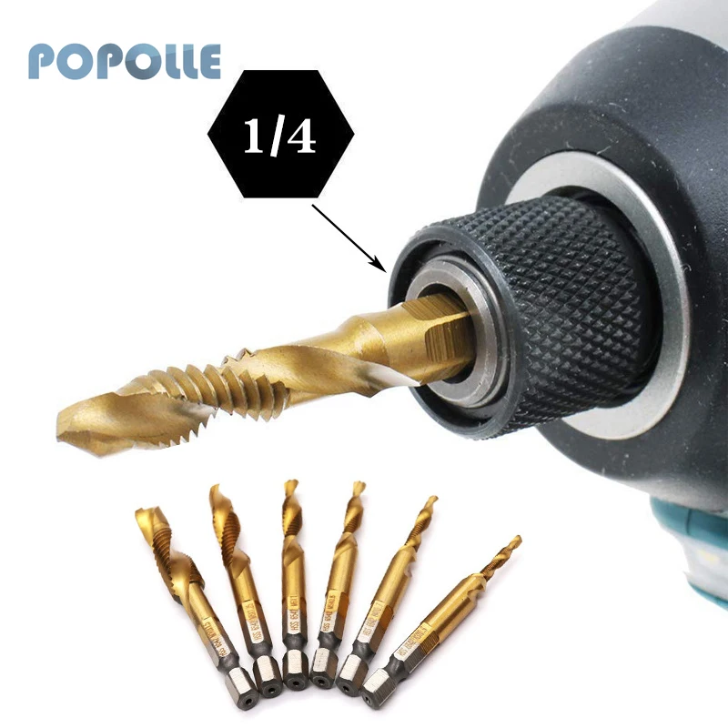 HSS 4341 Titanium Coated Spiral Tap HSS Drill Bit Metric M3-M10 Woodworking Drill Bit 1/4