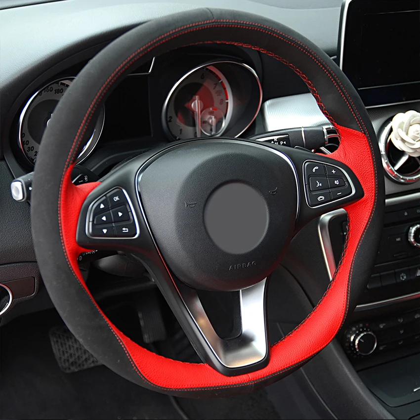 Черная замша красный кожаный чехол рулевого колеса автомобиля для Mercedes Benz C180 C200