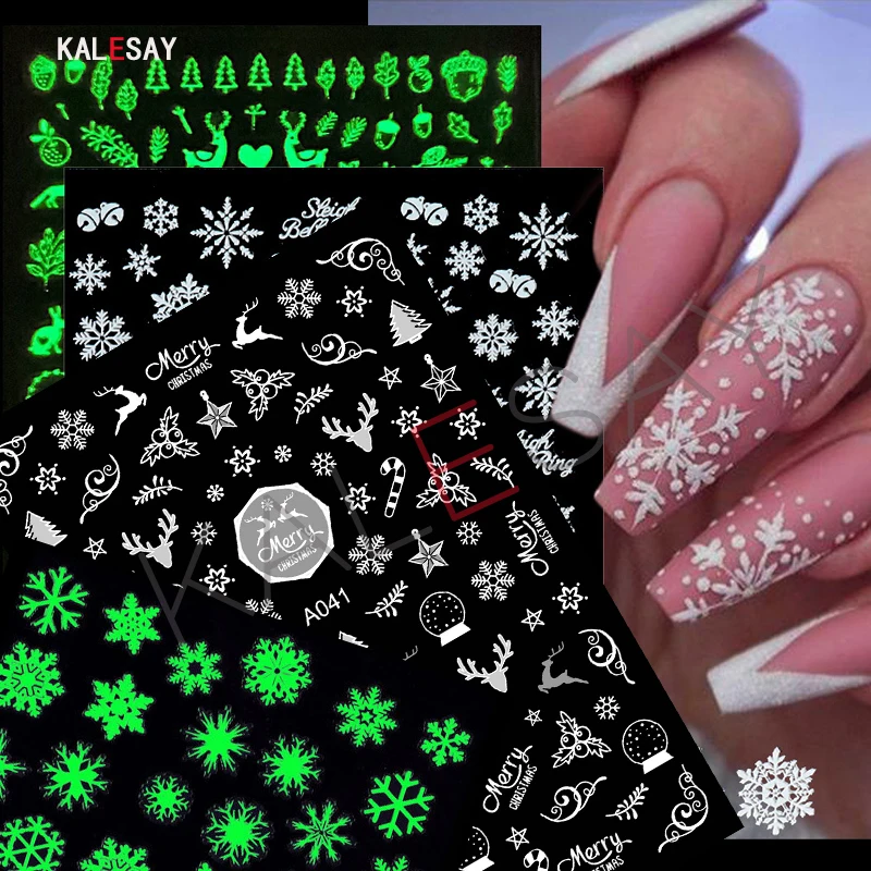 

3D Merry Christmas Glow In Dark Nail Stickers White Santa Claus Glow Decals Manicure Design Snow Sticker on Nails