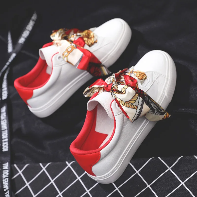 

Women White Casual Shoes Riband Lace Leather Waterproof Sneakers with Bow Silk Ribbon 2021 Autumn New Scarf Lacing Low Top 35-40