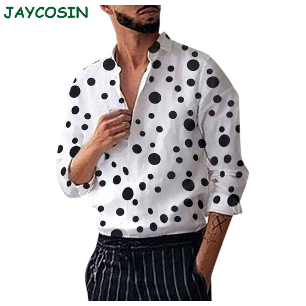 JAYCOSIN Мужская Повседневная рубашка с принтом в горошек свободная длинным рукавом