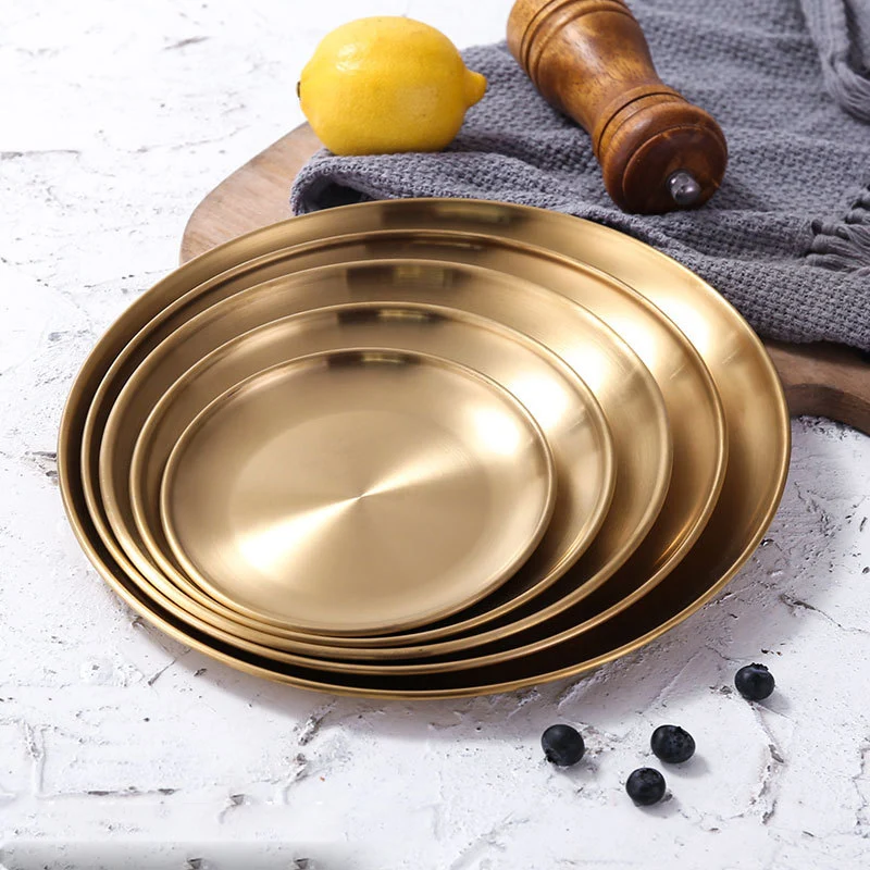 

European Style Dinner Plates Gold Dining Plate Serving Dishes Round Plate Cake Tray Western Steak Round Tray Kitchen Plates