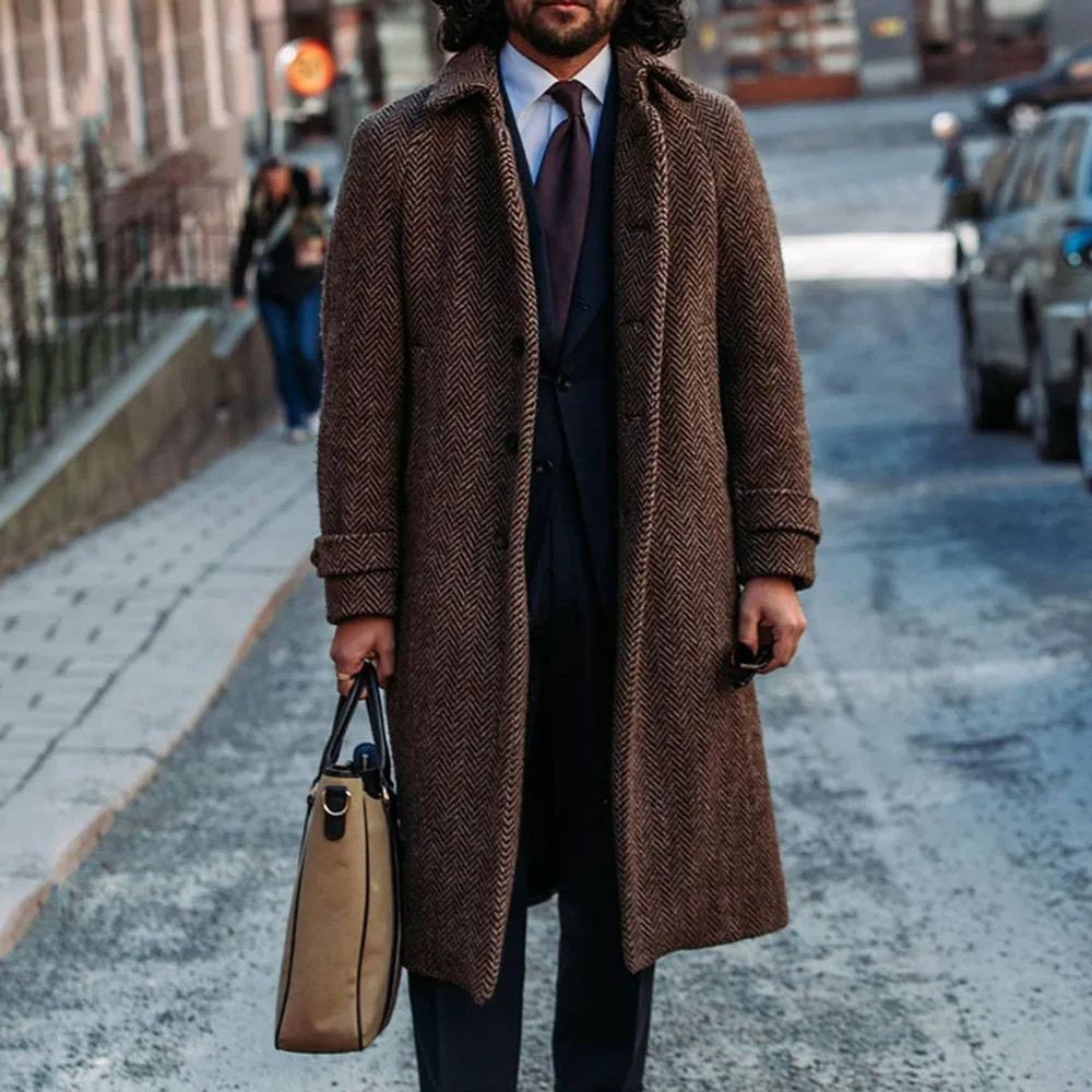 

2021 Autumn Winter New Mens Woolen Coat Solid Color Long Sleeve Fashion Loose Thicken Warm Casual Men Long Overcoat Coat