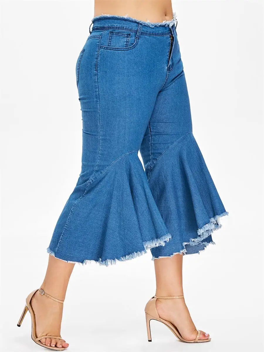 2020 расклешенные женские джинсы размера плюс с высокой талией и бахромой