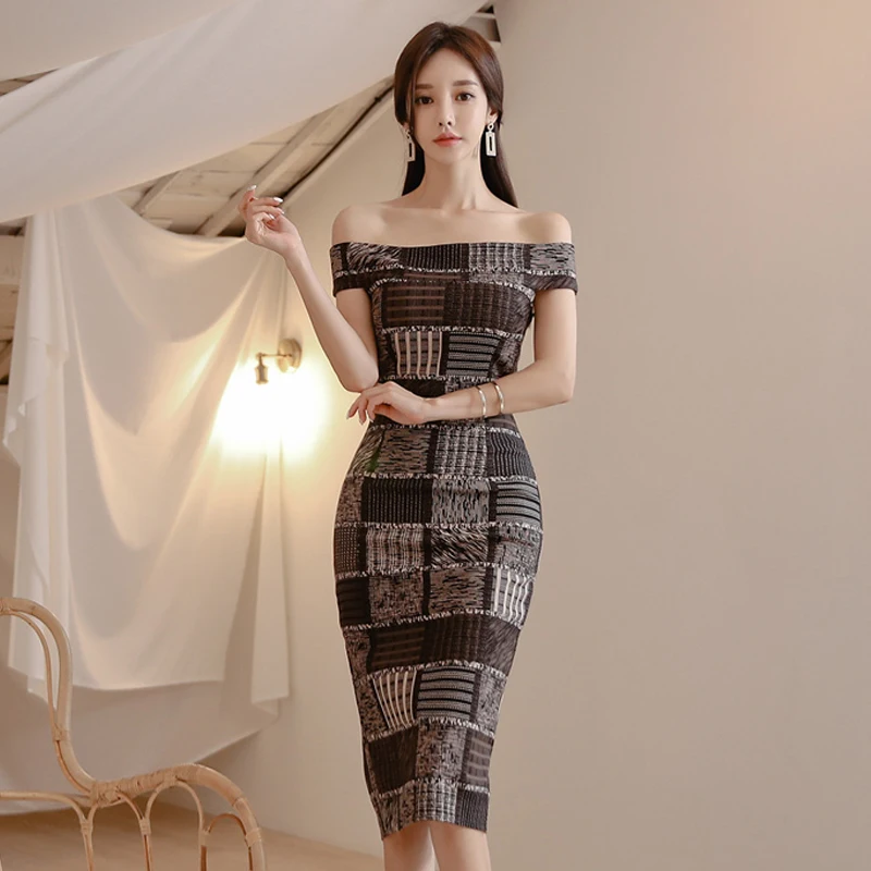 2019 осень новое женское элегантное клетчатое платье с вырезом лодочкой