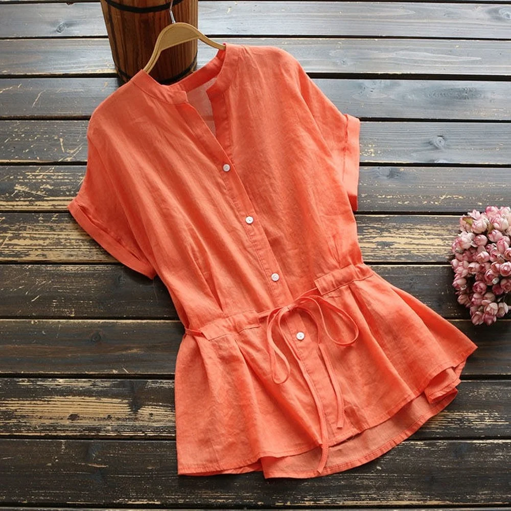 

Cotton Short-sleeved Shirt Women 2021 New Summer Women's Waistband Loose Casual V-neck Blouse Fashion Women Shirts Tops