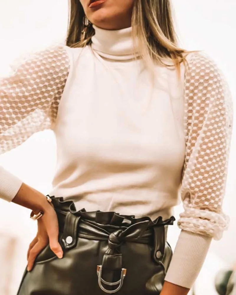 

High Neck Long Sleeve Lace Insert Blouses and Tops Clothes