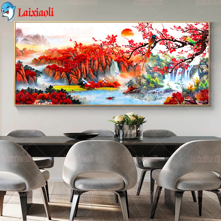 

Алмазная вышивка красными деревьями, водопадом, птицей и цветами