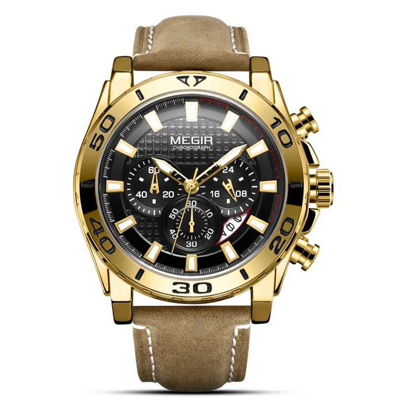 MEGIR Мужские кварцевые часы с кожаным ремешком и датой спортивные Reloj Hombre модные