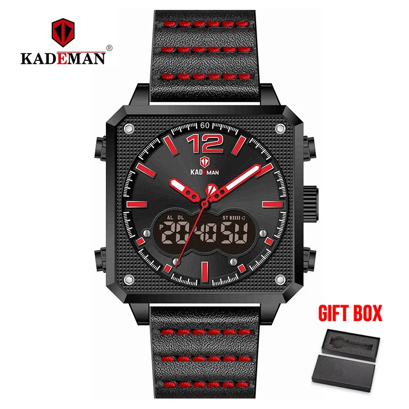 black red KADEMAN мужские часы спортивные квадратные светодиодный стробоскоп для автомобильной часы водонепроницаемые наружные военные мужские цифровые кожаные Наручные часы Relogio - Цвет: black red