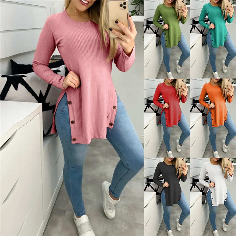 

top for women autumn 2021 slit solid color round neck button long sleeve T-shirt