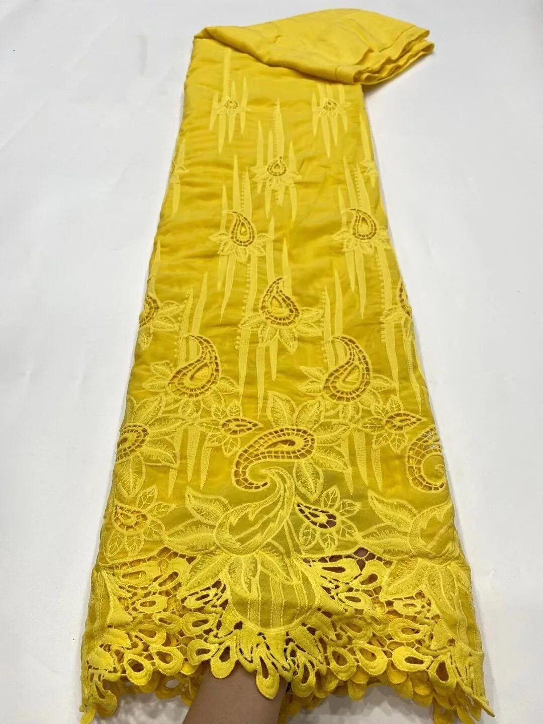 

2021 5Yards Yellow Chiffon Lace Fabric African Embroidery Cord Chiffon Material Nigerian Mesh Cloth Tissus Telas For Sewing PCF3
