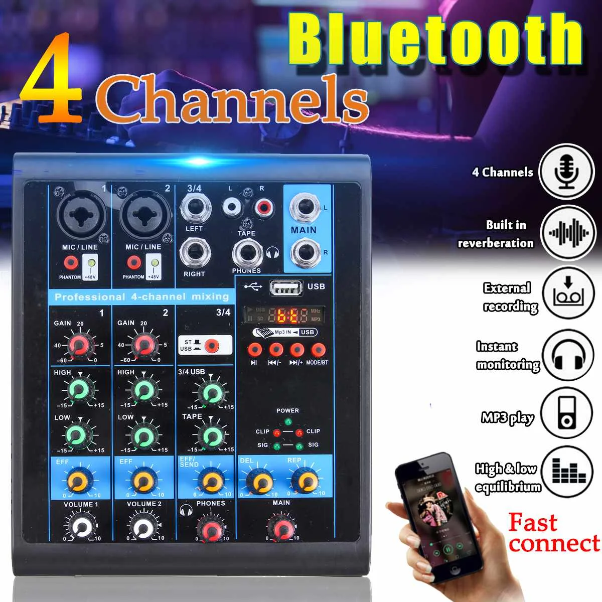 Mini 4 Каналы USB портативный миксер bluetooth MP3 для студий с живым звуком аудио DJ микшерная консоль караоке компьютер 48В Мощность