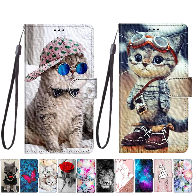 

Cartoon Cat Cover For OPPO A5 A9 A11 A11X A15 A15S A32 A33 A52 A53 A53S 4G 2020 Leather Strap Stand Phone Protective Case Coque