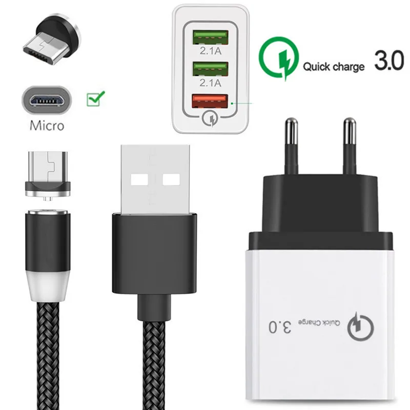 QC 3 0 быстрое зарядное устройство и магнитный Micro USB кабель для Samsung Galaxy S4 A10 A5 A7 2016 J3