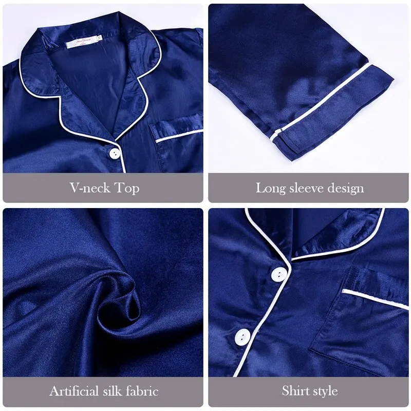 

Women Pajama Sets Silk Satin Pijama Turn-down Collar Sleepwear Long Sleeve Spring Nightwear Femme 2 Pieces Sets Homewear