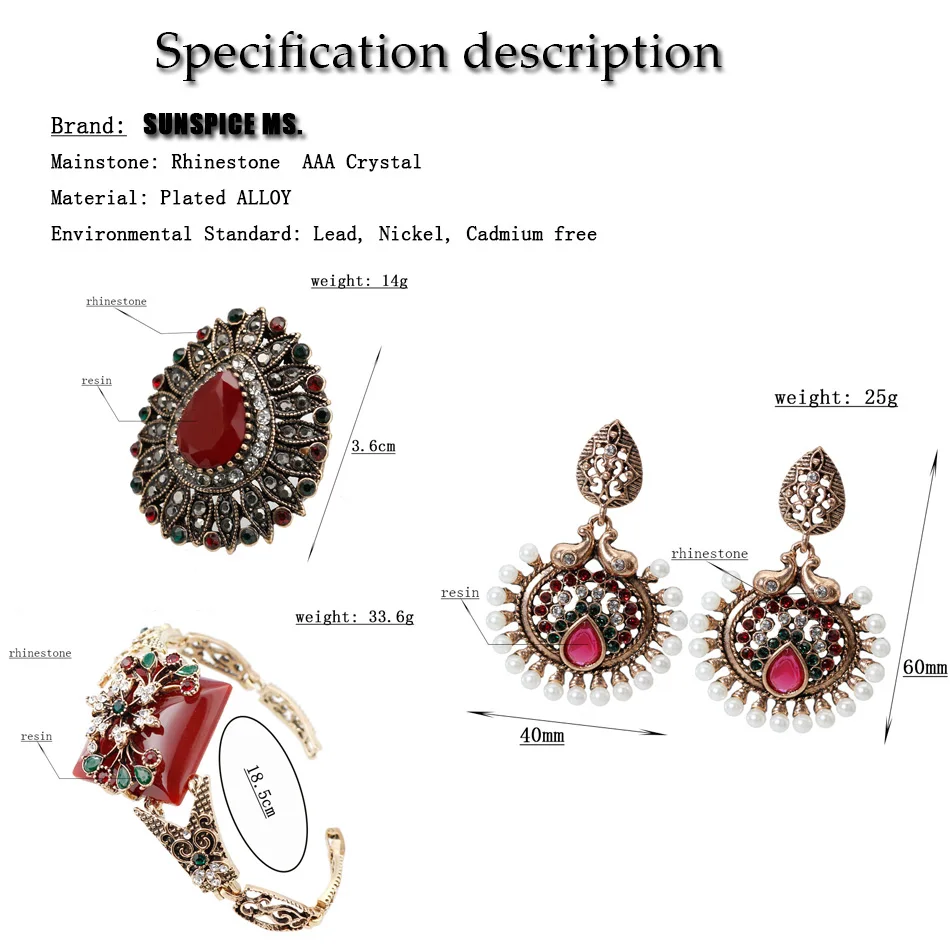 SUNSPICE MS античное серебро цветной цветок браслет кольцо серьги наборы для женщин