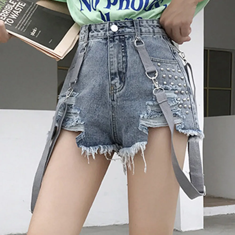 

Sexy Ripped Jeans Shorts Women Overalls Summer Fashion Streetwear Casual Gothic Black Denim Shorts Suspender Mini Blue Vintage