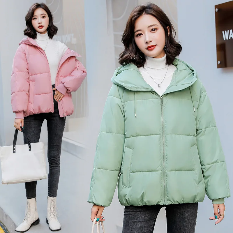 2021 New Winter Jacket Women Down Cotton Jacket Long Sleeve Solid Hooded Thick Cotton Padded Parka Female Coat Warm Outwear