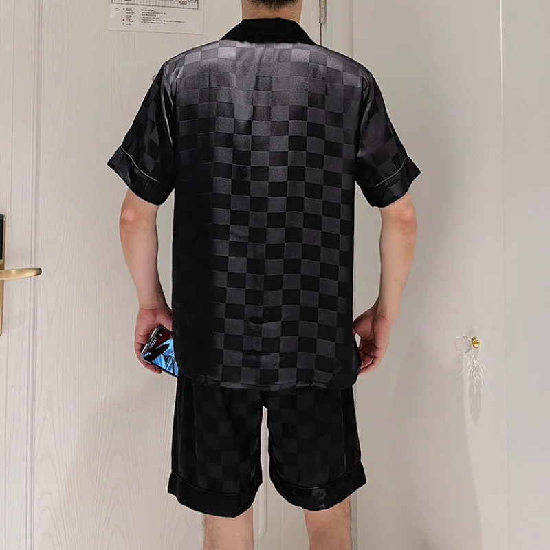 

Summer Short-sleeved Couple Pajamas Female Ice Silk Two-piece Suit Men's Thin Black Silk Home Service Suit Pyjama Satin Homme