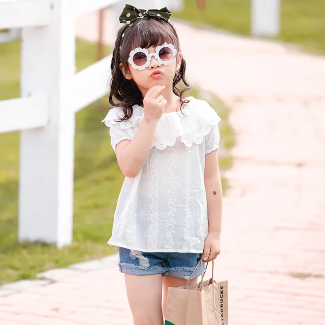 

Toddler Girl T-shirts Fashion Lace Lapel Short Sleeve Tops for Girl Kids tshirts 2 3 4 5 6 Y Kids Clothing Summer Child Tee 2020