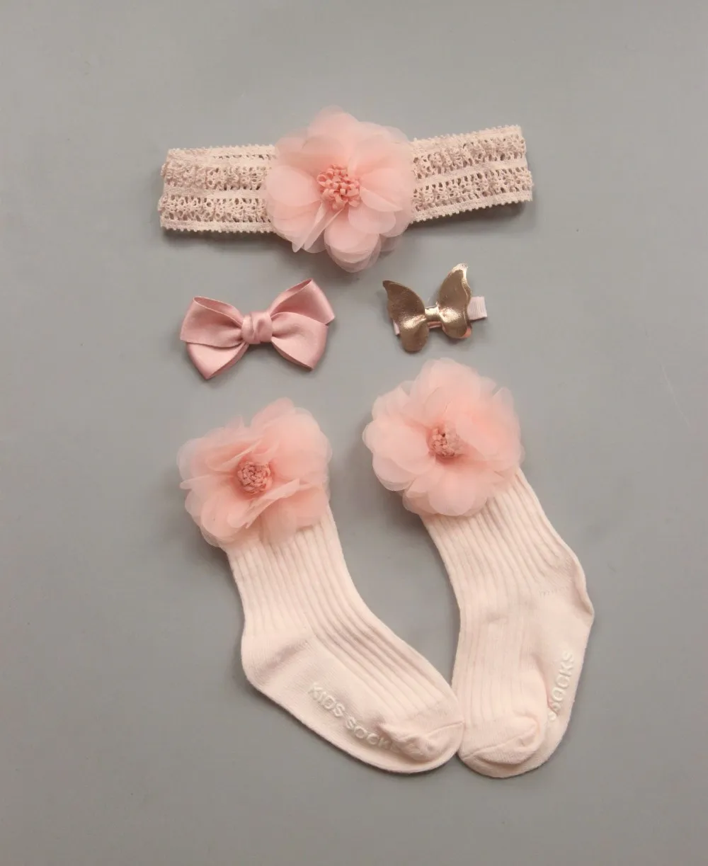 Pink Flower Детское количество Кружева повязка-стрейч на голову корона цветок скольжения мягкие Нескользящие хлопковые носки детские головные уборы для девочек из 4 предметов - Цвет: Pink Flower