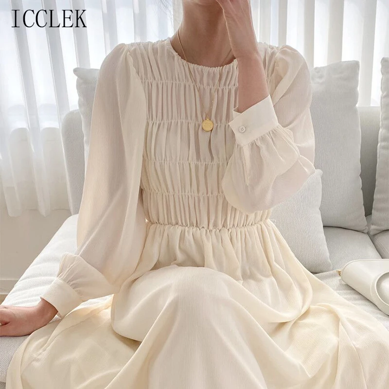 

Elegant Sweet Women'S Dress Maxi Summer Dress 2021 New O Neck Pleated Waist Puff Sleeve Dress Korean Fashion Office Ladies Dress
