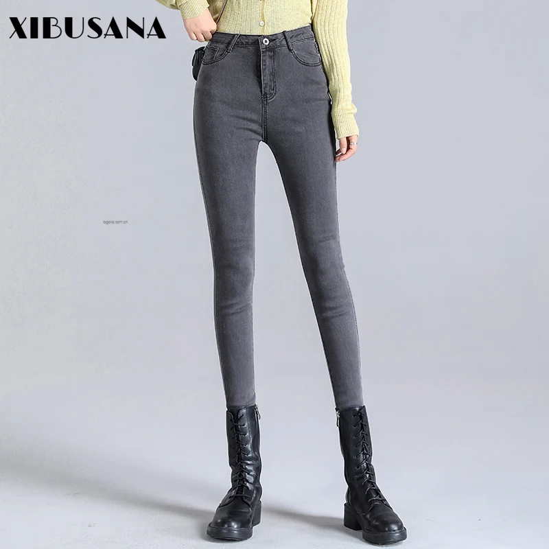 

XIBUSANA Skinny Elastic Jeans Women Classic Pencil Pants Solid High Waist Office Ladies 2020 Autumn Trousers Female Size