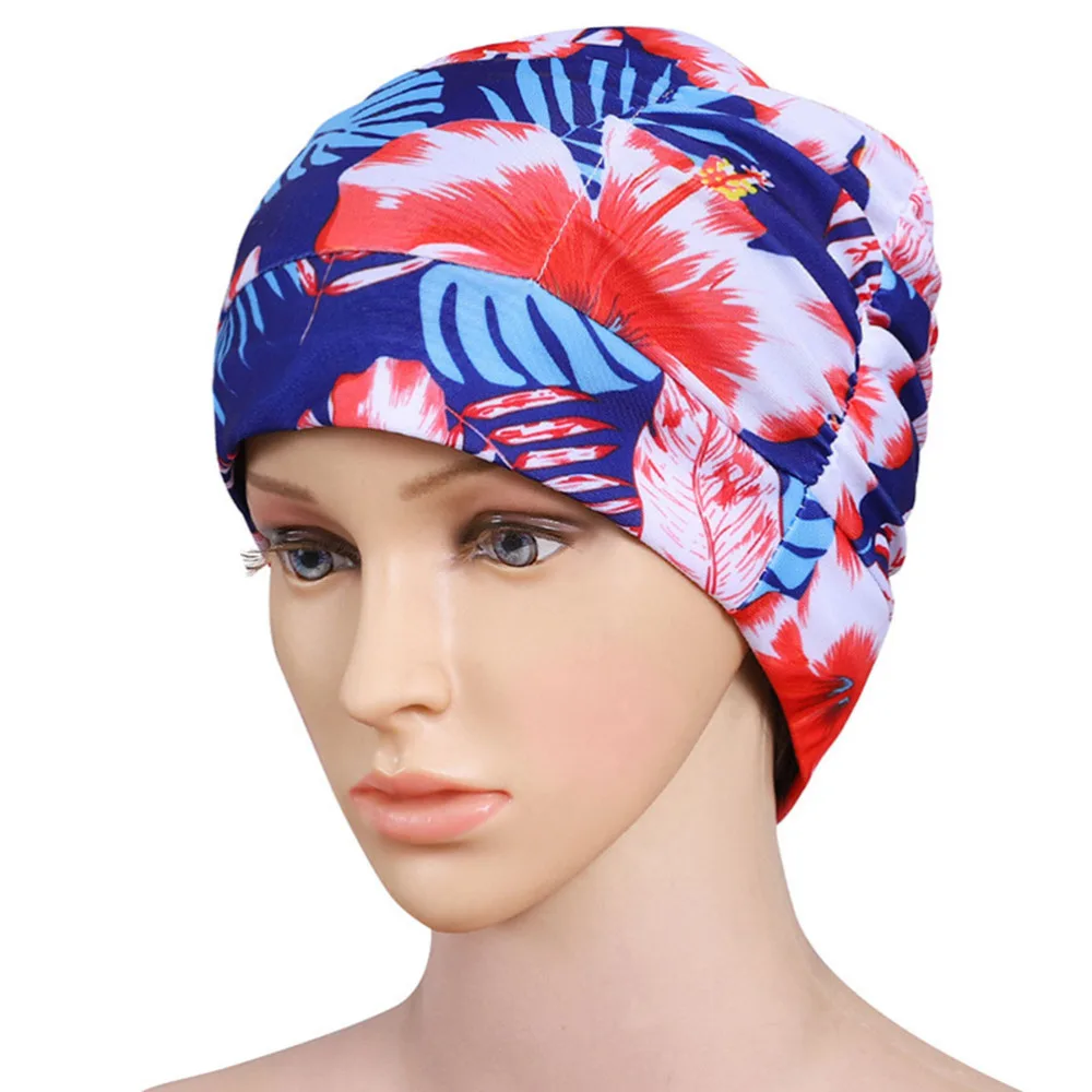 

2 Pcs Pleated Swimming Cap Swimming Hat Sports Elastic Swimming Hat Ear Cover Swimming Head Accessory for Girls (Red Flowe
