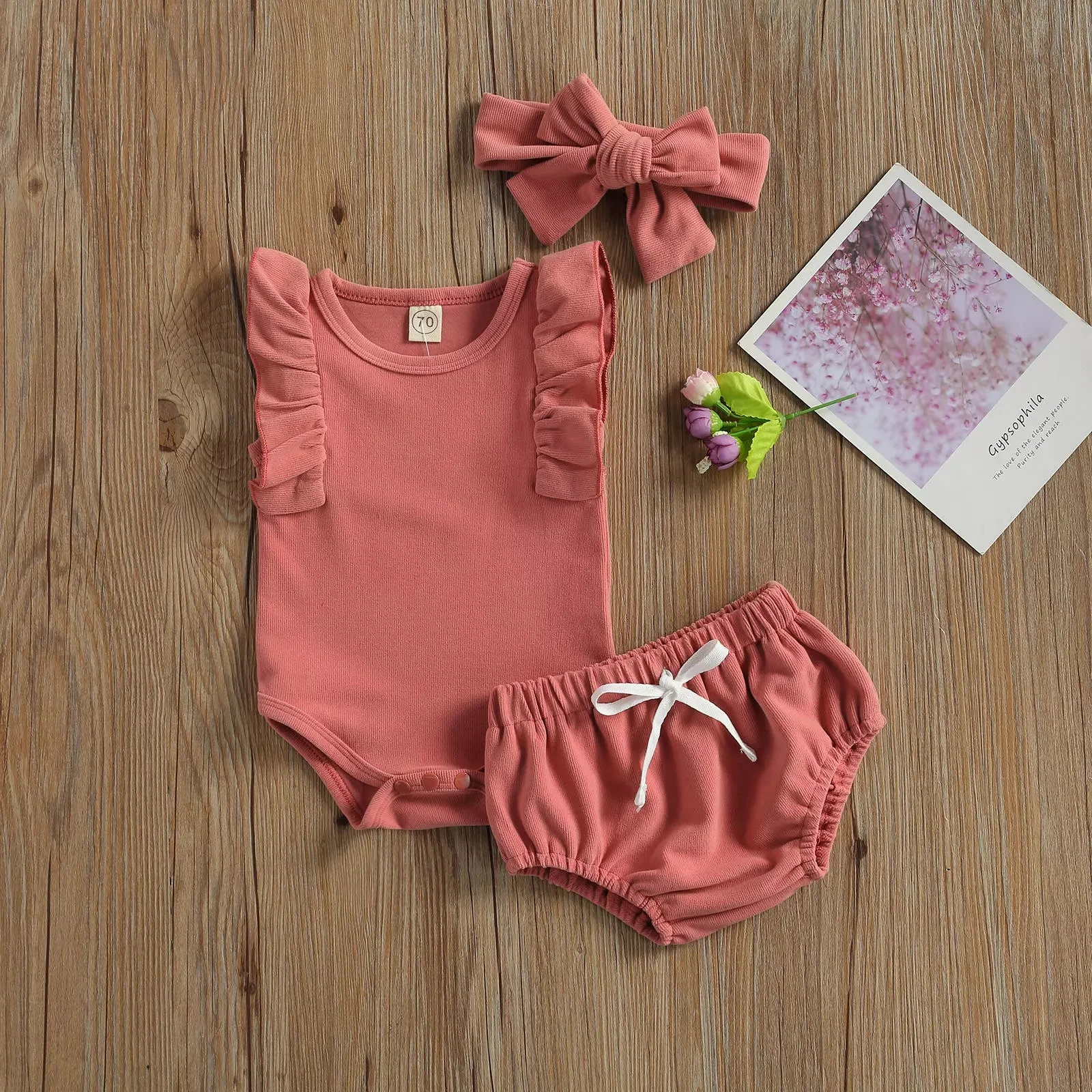 

3Pcs Fashionable Baby Girls Outfit, Summer Breathable Solid Color Round Collar Lace Sleeveless Romper + Shorts + Bow Headwear