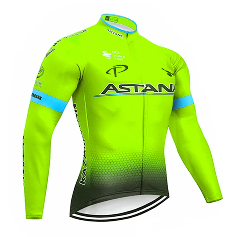 Fluorescent green Астана осень длинный рукав Велоспорт Джерси комплект комбинезон ropa ciclismo велоодежда MTB велосипед Джерси Униформа мужская одежда - Цвет: Fluorescent green