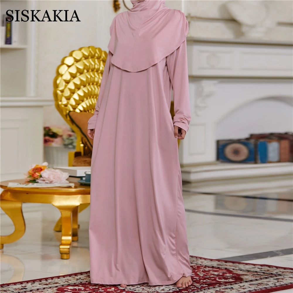 

Muslim Women Khimar Abaya Dress Malaysia Turkish Islamic Worship Robe Solid Milk Silk Dubai Arabic Clothes Ramadan 2021 PInk Red