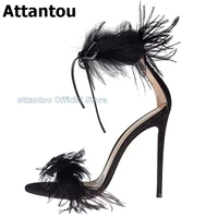 new white black feather designer straps high heel dress shoes women thin heeled lace up stilettos sandals