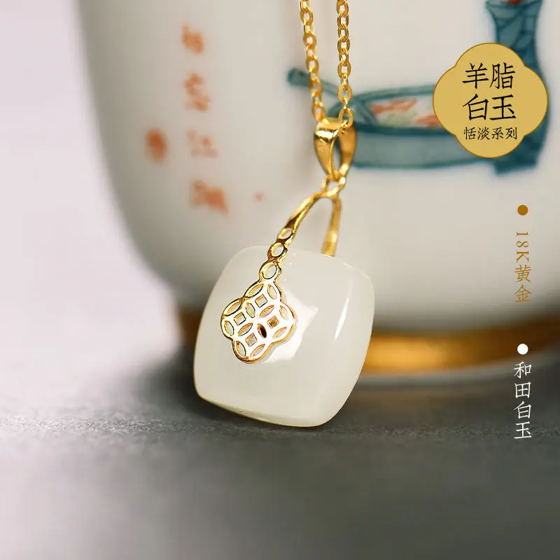 

2021 hot new style Inlaid Natural Hetian Jade Square Five Emperors Coin Retro Elegant Women's Necklace Pendant