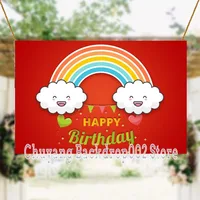 White Smile Clouds Rainbow Happy Birthday Red Background Photography Newborn Baby Shower Turn One Family Party Backdrop Poster