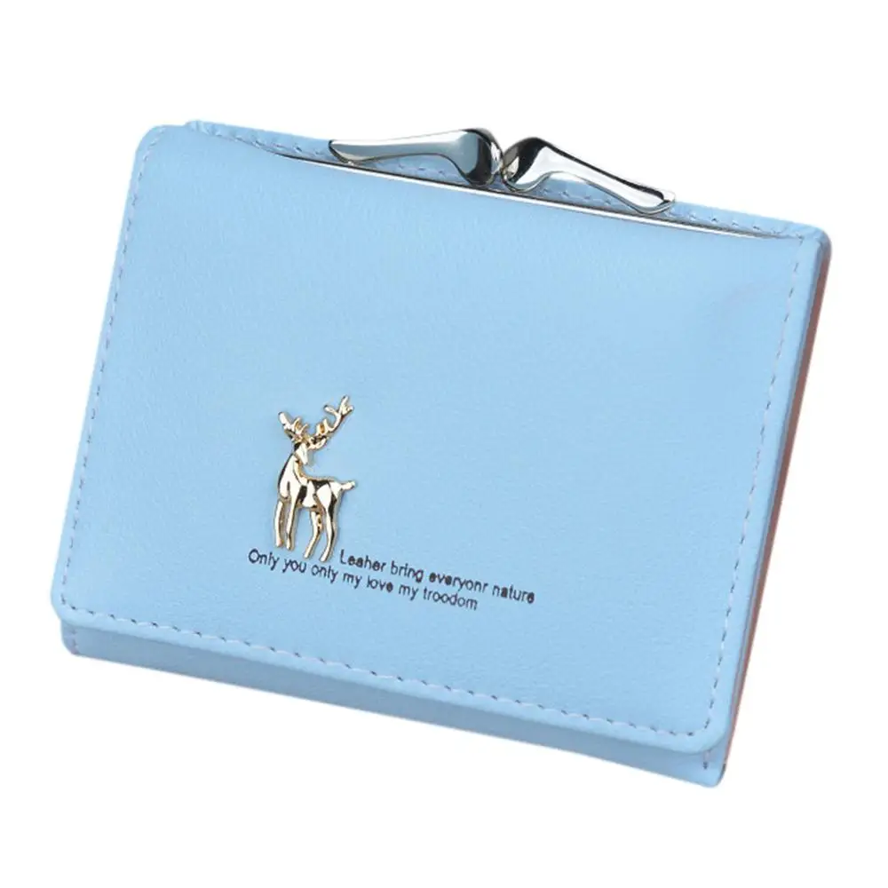 Синий Cute Deer Women Mini Wallet Short Leather Wallet Girl Folding Wallets Clutch Pu Card Holder Ladies Purses Retro Coin Purse L*5 - Цвет: Синий